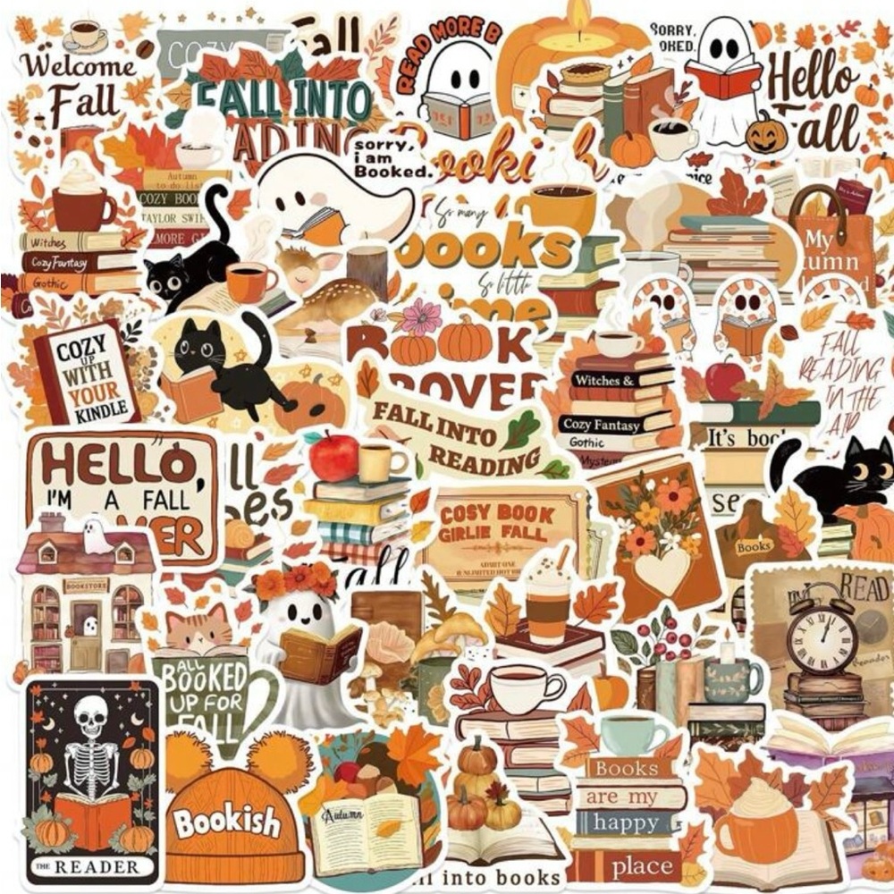 50 Fall Harvest Reading Stickers Cozy Autumn Cats Pumpkin Latte Ghost Books
